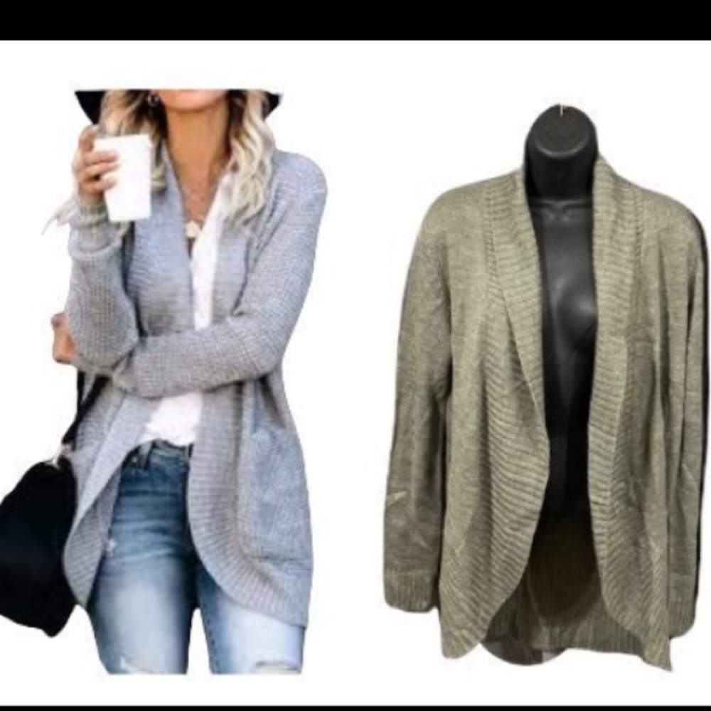 Sweater top Lady Knit Women's Long Sleeve Open Front Kimono Cardigans gray